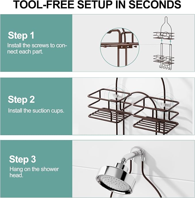 SRIWATANA Shower Caddy Organizer Hanging Over Head, Bathroom Shower Rack Hanger with Hooks for Razors - Bronze