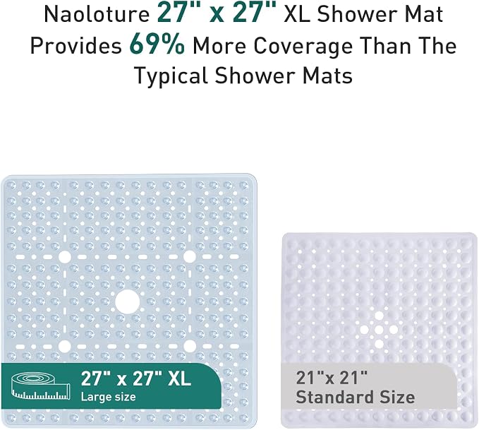 Large Square Shower Mat 27 x 27 Inch Clear, Non Slip Shower Bathtub Mats for Inside Shower With Big Suction Cups Drain Holes, Anti Slip Bathroom Floor Shower Stall Mats, Easy Clean, BPA-Free