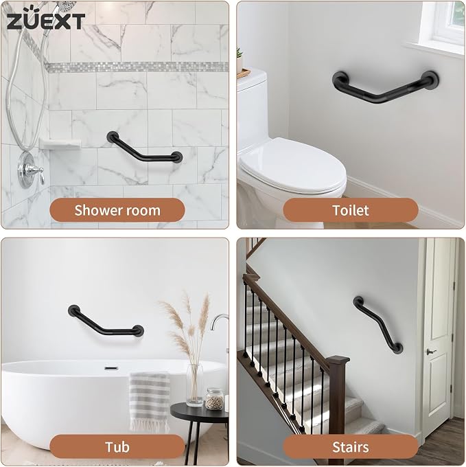 16 Inch Angled Grab Bar 2 Pack, ZUEXT Anti Slip Black Shower Grab Bar Handles, Stainless Steel Knurled Bathroom Balance Bar, Safety Hand Rail Support,Handicap Elderly Injury Senior Assist Bath Handle