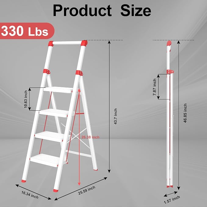 Foldable Step Ladder Stool for Home,4 Step Stool with Wide Anti-Slip Pedal, Heavy Duty 600Lbs Ladder for Indoor Kitchen Closet Stair Use, White Red