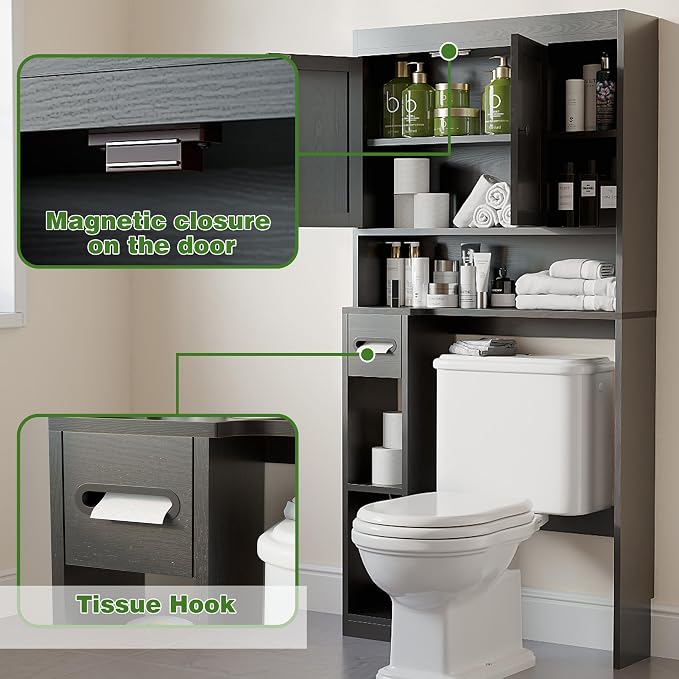 Over The Toilet Storage Cabinet with 7 Shelves, Imitation Walnut Grain Above Toilet Bathroom Organizer with Toilet Paper Holder Stand, Space Saver for Restroom, Laundry, Bathroom (Black)
