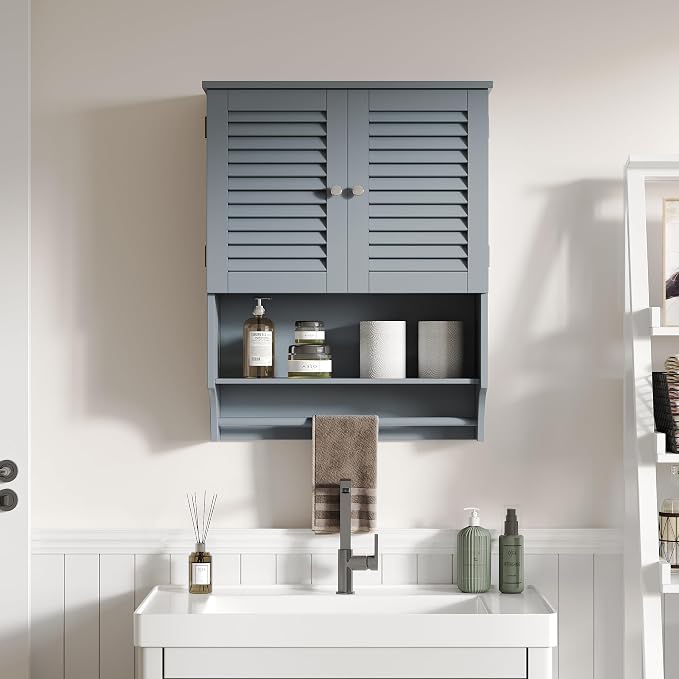 ChooChoo Bathroom Wall Cabinet with Towels Bar, 23.6" L x7.9 W x27.5 H MDF Material Medicine Cabinet, 2 Doors Over The Toilet Space Saver Storage Cabinet with Large Space, Grey