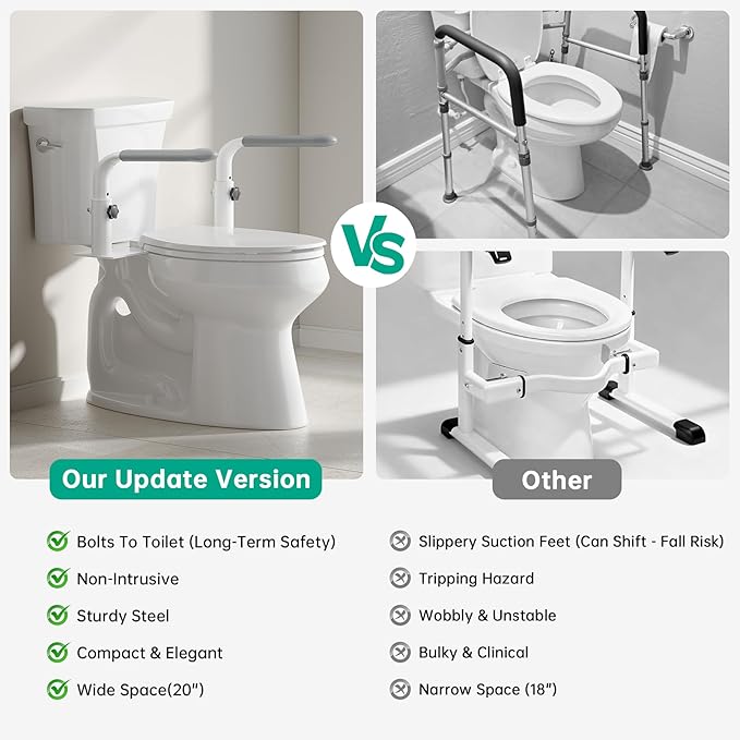 Toilet Safety Rails for Seniors, Reinforced Height Adjustable Toilet Rails, Anti Slip Durable Heavy Duty Toilet Handles for Elderly, Space Saving Toilet Safety Frame for Elderly Disabled