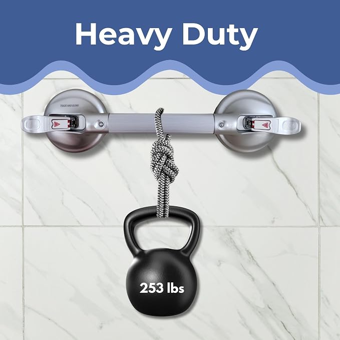 Heavy Duty Grab Bar with Large Suction Cups for Shower and Bathtub, Easy Tools-Free Installation & Removal, Safety with Compression Loss Warning, Useable on Diffrent Surfaces (Silver, 19 Inches)