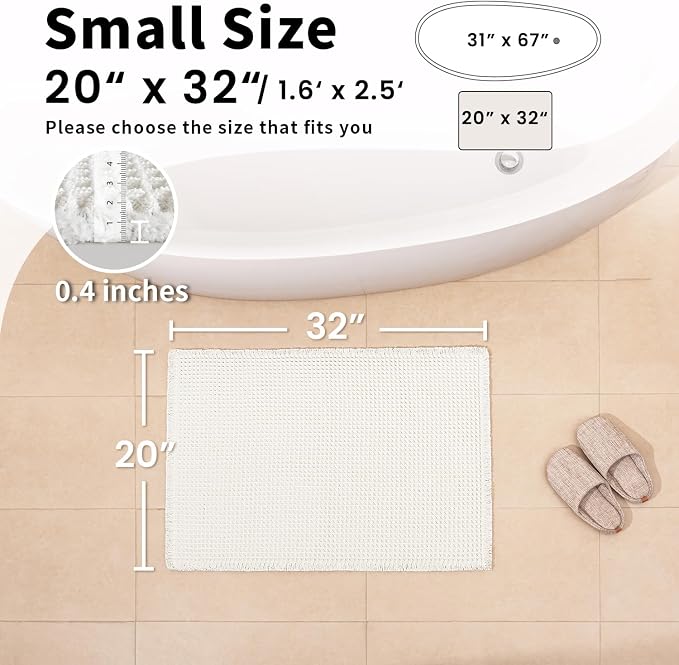 White Bathroom Rugs, Waffle Bath Mat Non Slip Washable, Super Absorbent & Quick Dry, Boho Bath Mat Farmhouse Bathroom Decor, 20'' x 32'', White