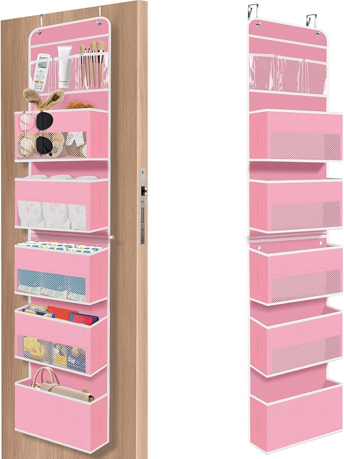 SpaceHacks 6-Tier Over The Door Organizer Hanging Storage Organizers with Clear Window 40lb Large Capacity Room Organizer for Pantry Bathroom Nursery Closet(Pink)