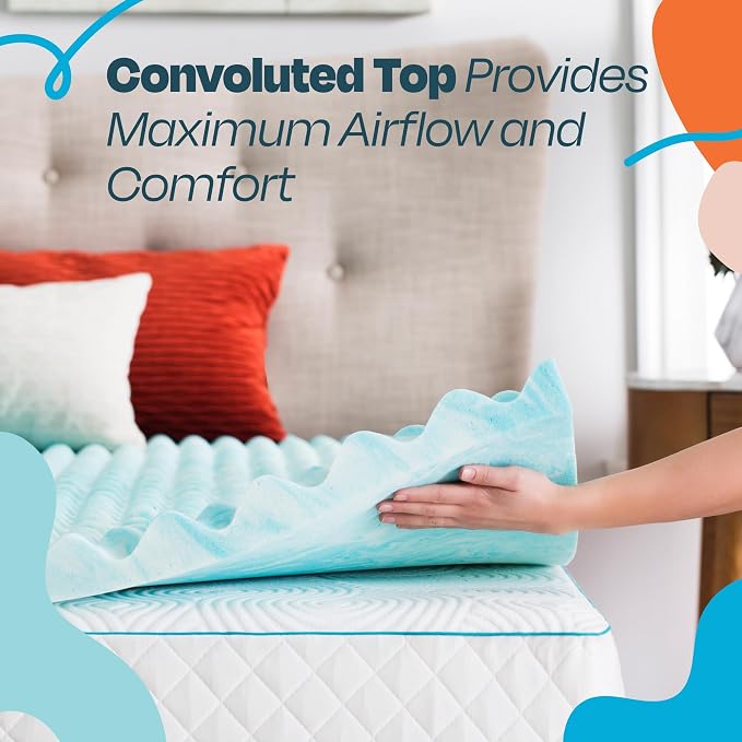 Linenspa 3 Inch Gel Memory Foam Mattress Topper – Egg Crate Style, Reversible for two feels – Promotes Airflow & Relieves Pressure Points – Full