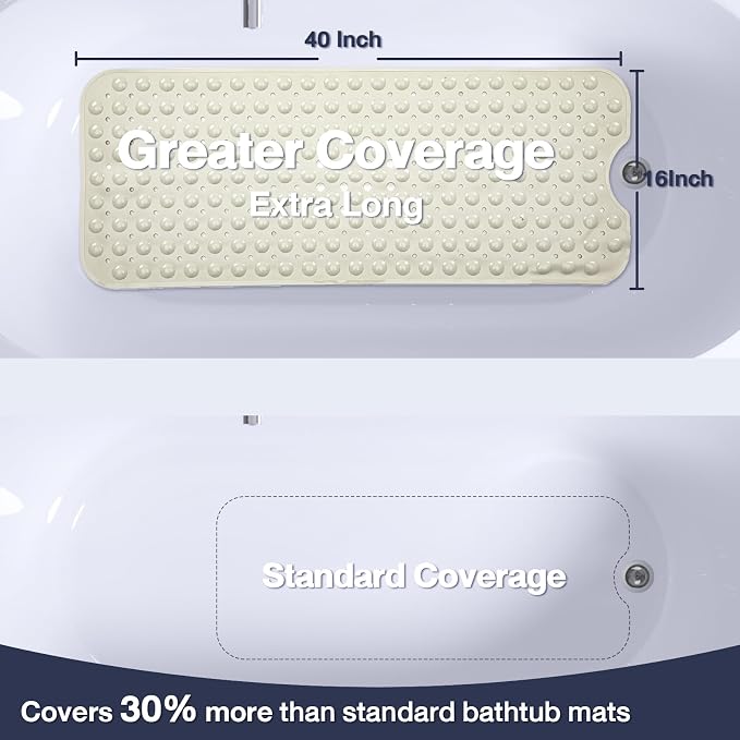Extra Long Bathtub Mat Non Slip, Beige Soft Bath Mat for Tub 40 x 16 Inch Full Size, Bath Tub Shower Mats for Bathroom Floor with Big Suction Cups and Drain Holes, Easy Washable, BPA Free