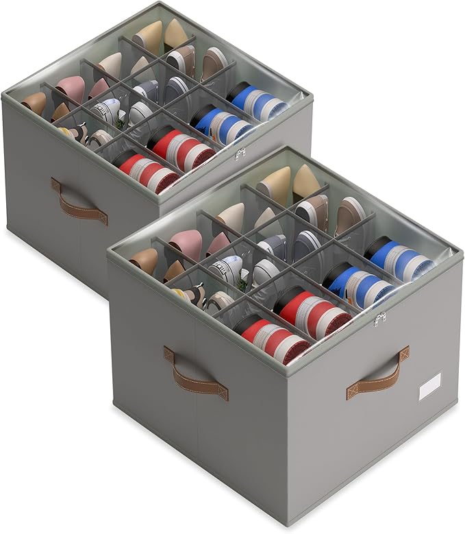 Vincona Shoe Organizer for Closet,2 Pack Shoe Storage Bins Foldable Shoe Storage Box Containers with Clear Cover and Sturdy Handles,Shoe Rack for Closet Storage for Sneakers Heels Slippers (Grey)
