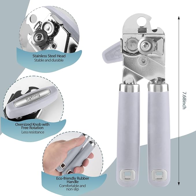 Safring Can Opener Manual, Heavy Duty Handheld Strong Can Opener with Soft Touch Handle, Sharp Blade Smooth Edge, Can Openers with Multifunctional Bottle Opener, Lavender