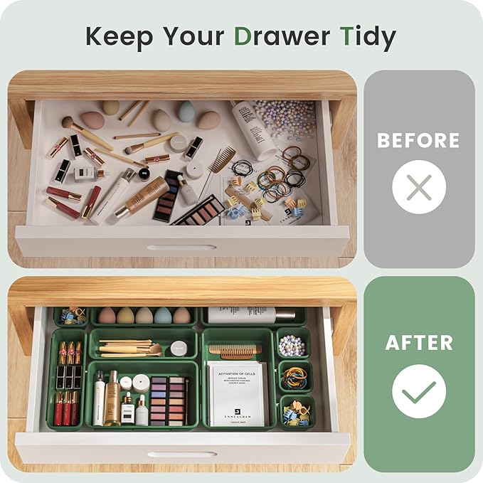 A-LuGei 【Military Grade】 Drawer Organizer, 【𝟱𝗦𝗶𝘇𝗲】 Makeup organizer, 【Holds 177 Items】 Bathroom Organizers and Storage, Organization and Storage, Desk Drawer Organizer for Vanity (Green)