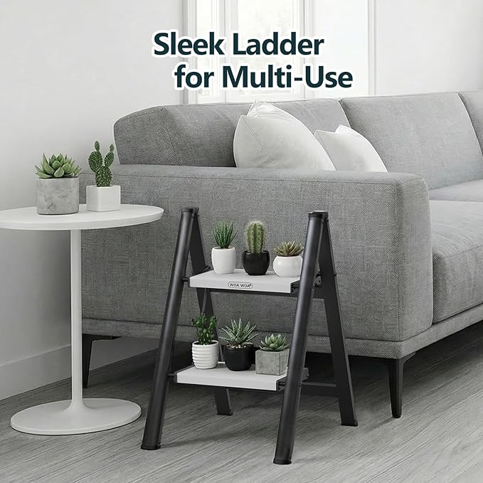 WOA WOA 2 Step Ladder, Folding Step Stool with Wide Non-Slip Aluminum Pedals, Stable and Portable, 330 lbs Capacity, for Home, Kitchen, Office - Black & White