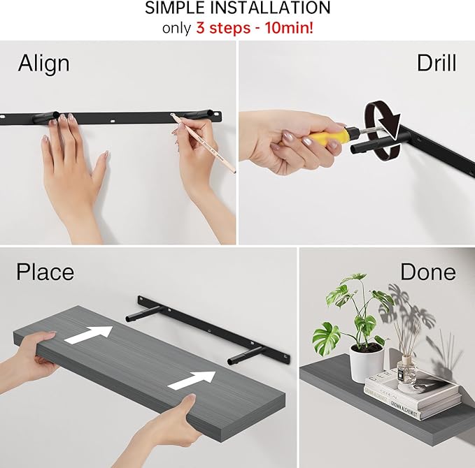BAYKA Floating Shelves for Wall Grey, Set of 3, Wall Mounted Rustic Wood Shelves for Bathroom, Bedroom, Living Room, Kitchen, Hanging Shelf for Books/Storage/Decor with 22lbs Capacity, Black, 22.5in