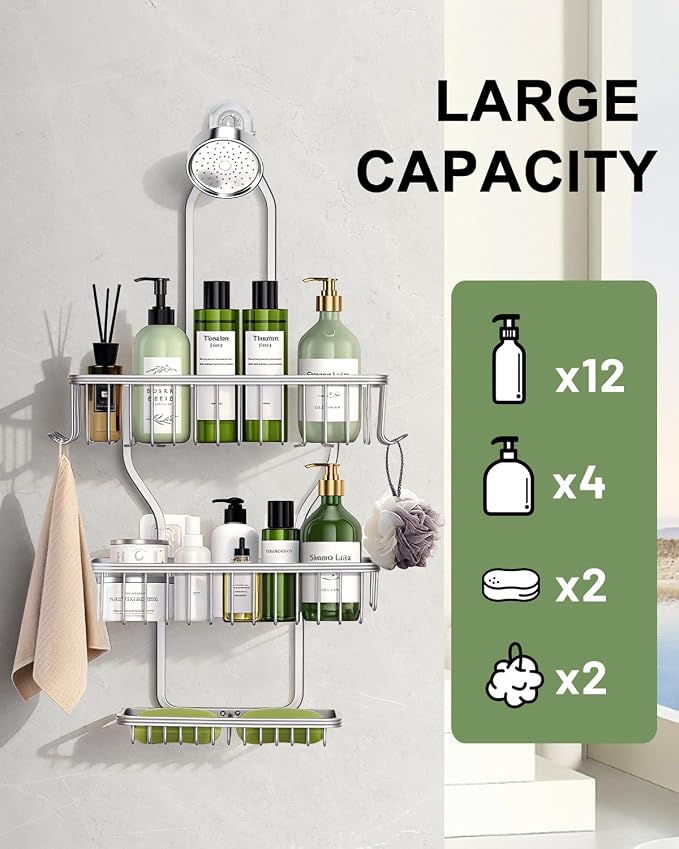 Shower Caddy Hanging - Never Rust Shower Hanging Organizer - Aluminum Over the ShowerHead Caddy with Soap Basket and 6 Hooks for Razor/Sponge (Shiny Silver)
