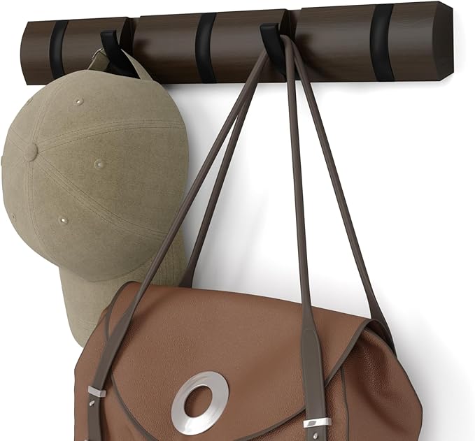 Umbra Flip Wall-Mounted Coat Rack with 5 Hooks – Modern, Space-Saving Storage for Hats, Jackets, Bags, Entryway, Mudroom, Closet, Bathroom, Bedroom – Black/Walnut