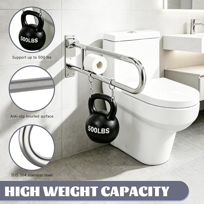 22.5 Inch Toilet Grab Bar, HUAS Chrome Anti Slip Bathroom Toilet Safety Rails, U Shaped Flip-Up Handicap Grab Bars w/Paper Holder, Stainless Steel Support Handrail for Elderly Disabled Senior