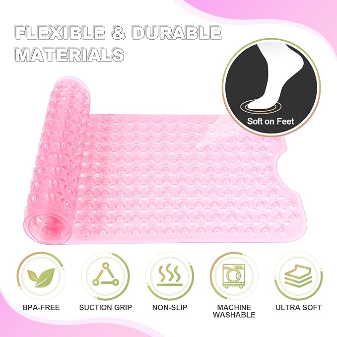 Bathtub and Shower Mats, 40x16 Inch Extra Large Non Slip Soft Bath Tub Mat with Suction Cups and Drain Holes for Bathroom Floor and Keep Tubs Clean, Machine Washable, Clear Pink