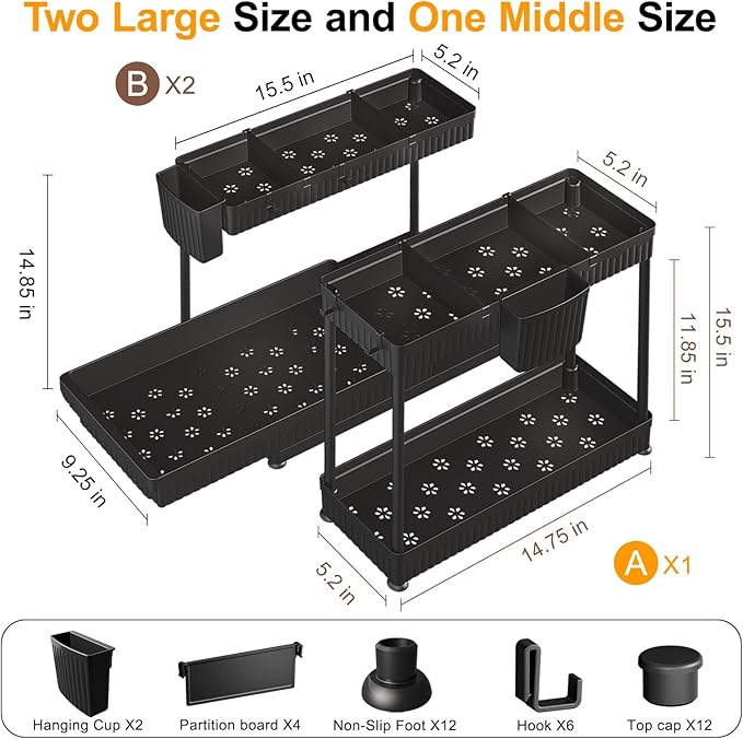 Sevenblue 3 Pack Multi-Purpose Pull-Out Storage Organizers, 2-Tier L-Shaped Under Sink/Cabinet Organizers and Storage for Bathroom & Kitchen,Black,14.85 Inch
