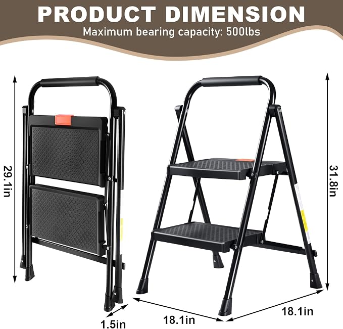 Valeo 2 Step Ladder, 2 Step Ladder for Adults with with Safe-Lock Design, Wide Anti-Slip Pedal, 500lbs Sturdy Steel Ladder, Step Stool Foldable with Cushioned Handle,Black