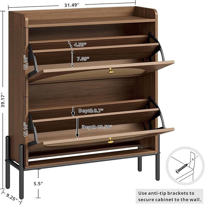 IRONCK Shoe Cabinet Storage with 2 Flip Drawers, Free Standing Wooden Shoe Storage Organizer Cabinet with Rattan Doors for Entryway, Narrow Shoe Rack Cabinet, Walnut