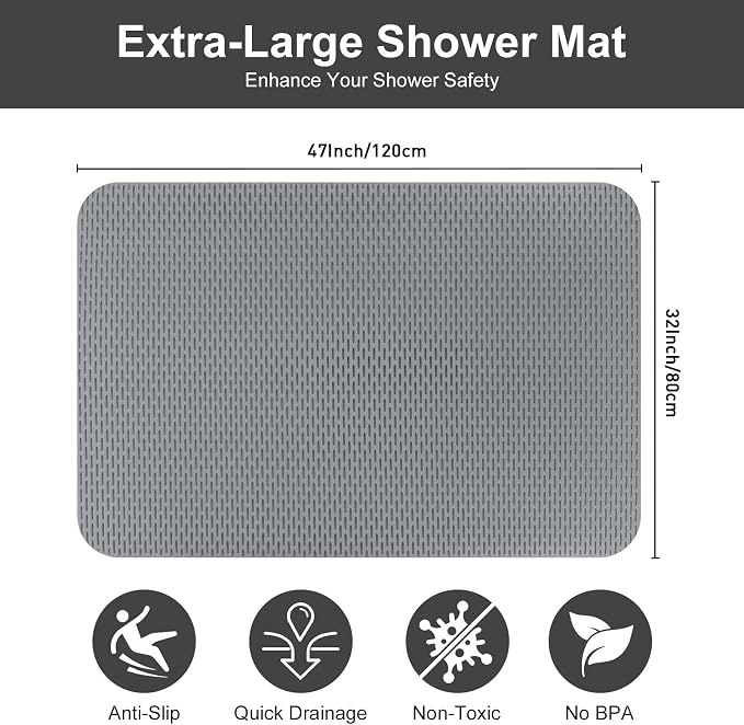Extra Large Shower Mat: 47"x32" Non Slip Shower Mats for Inside Shower, PVC Anti Slip Shower Stall Mats No Odor, Trimmable Walk in Shower Mats for Elderly Kids