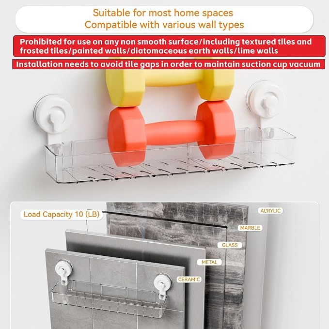 Clear 2 Pack Acrylic Shower Caddy Suction Cup,No Rust Bathroom Organizers and Storage Holder,Plastic Wall Mounted Shower Shelves,Bathtub Storage Organizer,Shampoo and Conditioner Holder for Washroom