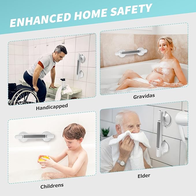 2 Pack Shower Handle, Heavy Duty Suction Cup Grab Bars Handle for Bathtubs and Showers, Bathroom Safety Bars Removable No Drilling Required for Seniors, Elderly, Handicap, 12 inch White