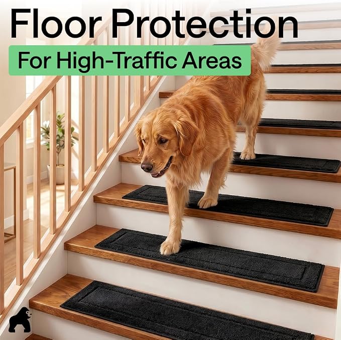 GORILLA GRIP Peel and Stick Stair Treads for Wooden Steps, Multi-Surface Use, Machine Washable Carpet Runners, Indoor Rugs for Stairs, Pet Friendly, Universal Size, 4 Pack Black, 8x28 Inches