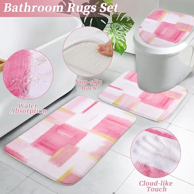 XLHOMO Bathroom Set - Pink and Gold Bathroom Accessories Set, Bathroom Sets with Shower Curtain and Rugs, Pink Shower Curtain Set with Bathroom Trash Can, Soap Dispenser, Soap Dish for Home Decor