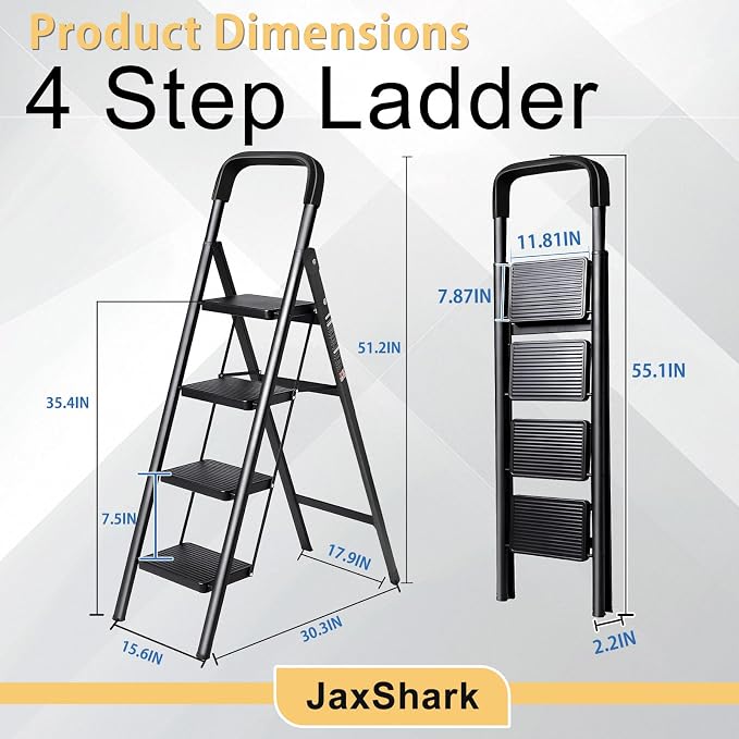 4 Step Ladder Folding Step Stool with Handrail 500LBS Capacity Sturdy Carbon Steel Frame Anti-Slip Pedal & Feet Portable for Home Kitchen Garage Bathroom (black-4step)