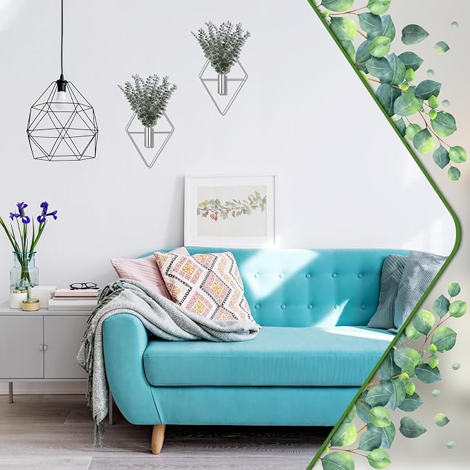 Jexine 8 Pcs Hanging Planters with Artificial Eucalyptus Metal Hanging Vase Indoor Plants Holder Modern Geometric Boho Bathroom Wall Decor for Living Room Home Office (Eucalyptus,Chrome Sliver)