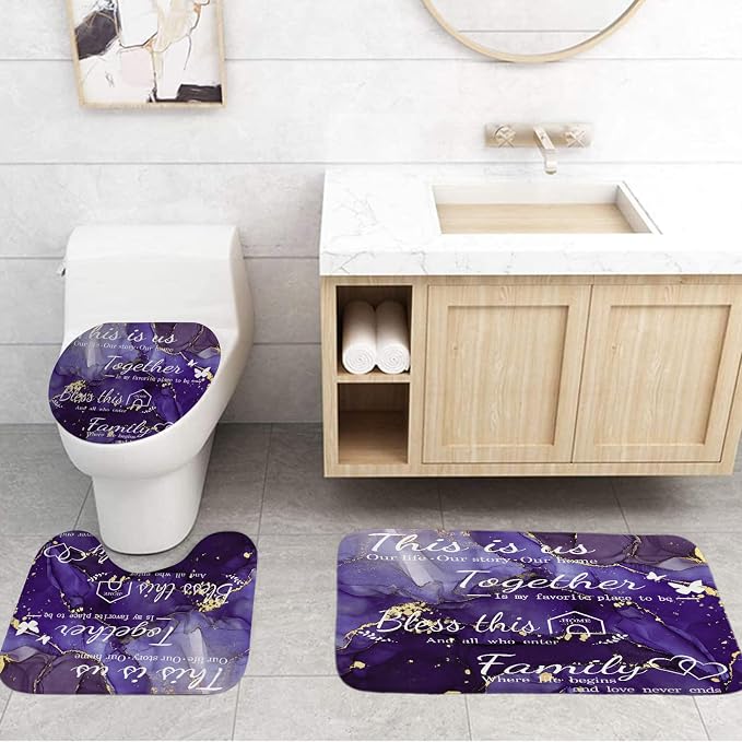 4Pcs Family Marble Shower Curtain Set,Purple Home Inspirational Bathroom Sets with Shower Curtain and Rugs, Bathroom Decor Set,Waterproof Bathroom Curtains Shower Set,with 12 Pcs Hooks