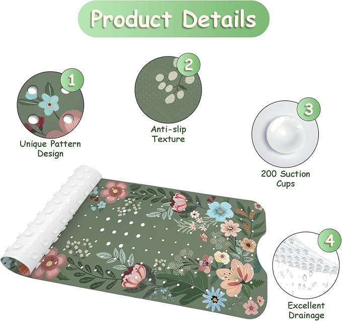 Bathtub Mat Non Slip, Bohemia Extra Long Bath tub Mat Shower Floor Mat with Suction Cups and Drain Holes for Adults Kids Elderly 40 X 16 Inch