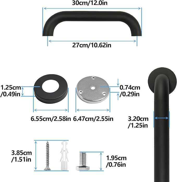 Shower Grab Bar, 2 Pack 12 Inch Black Bathroom Grab Bar, 1.25" Diameter 304 Stainless Steel Grab Bars for Bathtubs and Showers, Handicap Shower Grab Bar for Seniors Elderly