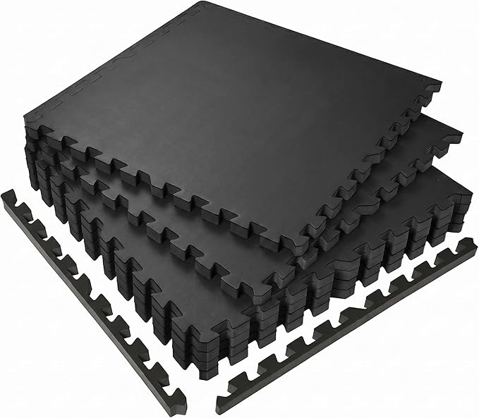 SUPERJARE 0.56'' Thick 6 Pcs 24 Sq Ft Rubber Top Exercise Equipment Mats, High Density EVA Foam Mats with Rubber Top, Interlocking Gym Flooring for Home Gym, Protective Workout Mat, Black