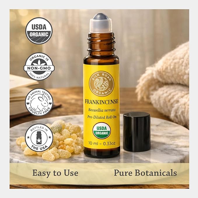 Silk Road Organic Frankincense Serrata Essential Oil Roll on | 100% Pure USDA Certified Aromatherapy Roller to Soothe Body & Mind (10 ml)