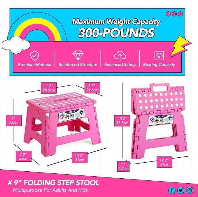 Delxo Folding Step Stool 9 inch Non-Slip Foldable Toddler Stools Up to 300 LBS Kids Step Stool with Handle Lightweight for Kitchen, Bathroom, Bedroom, Garden, Rose Pink, 1PC