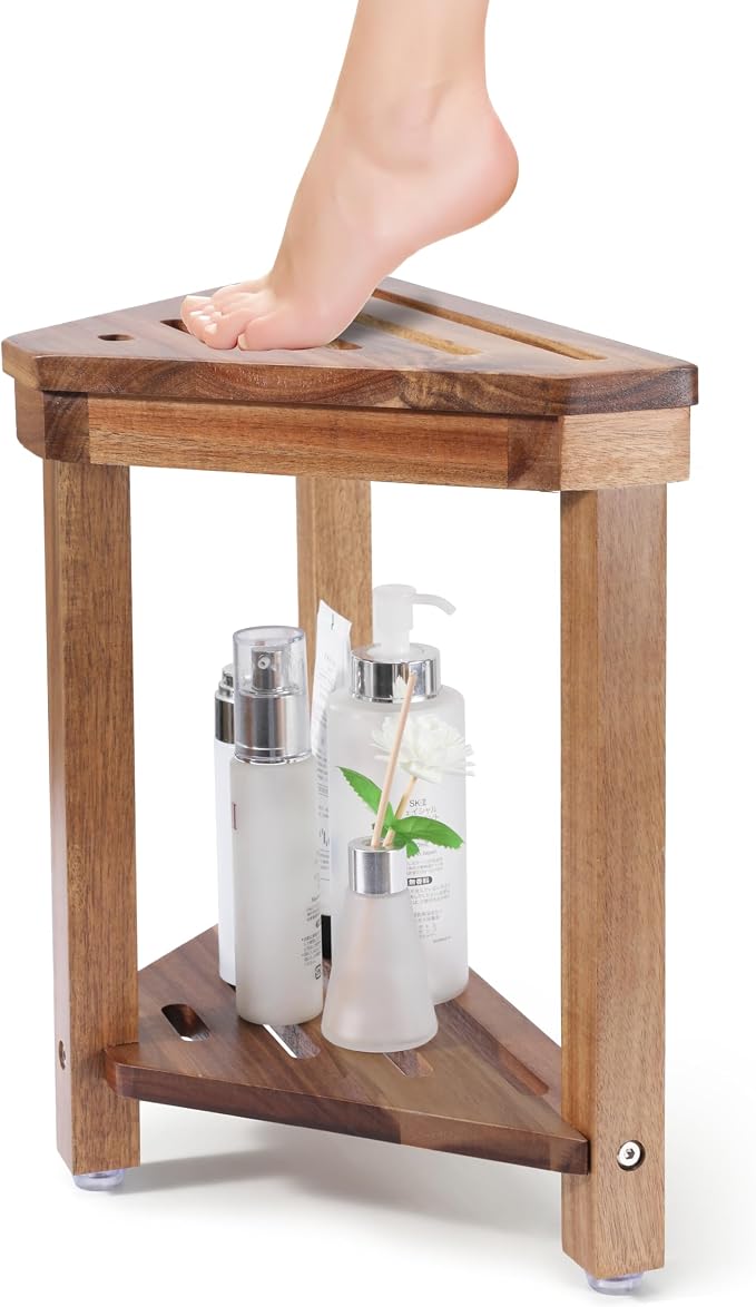 Boulphia Shower Foot Rest 14in, Acacia Wood Shower Stool for Shaving Legs, Waterproof Corner Shower Stool with Storage Shelf for Inside Small Shower Spaces, Wood Color