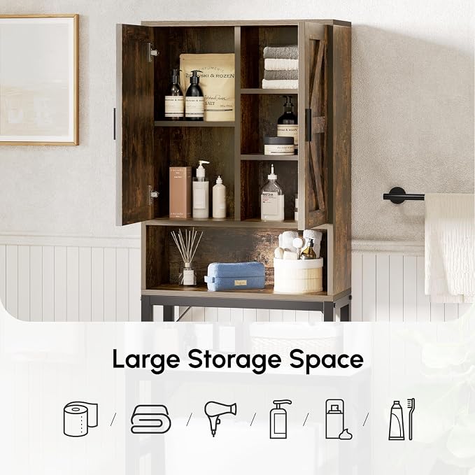 USHOWER Over The Toilet Storage Cabinet, Bathroom Organizers and Storage with Barn Doors, Thicken Metal Stand & MDF Wood Above Toilet Storage Cabinet, Freestanding Space Saver, Brown