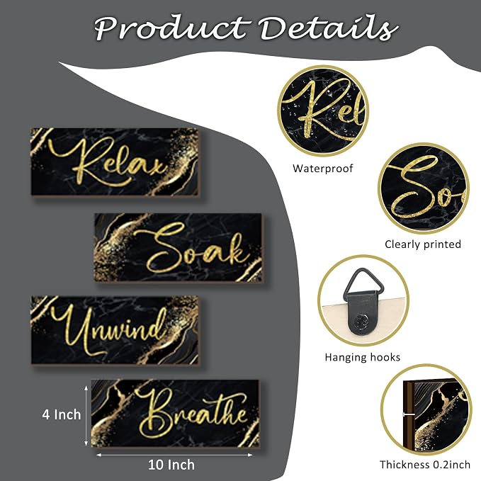 ONIZHITY 4 Pcs Black and Gold Bathroom Decor Black Gold Wall Decor Relax Soak Unwind Breathe Wooden Rustic Marble Style Bathroom Accessories for Bedroom Living Room Decor Kitchen(10X4)