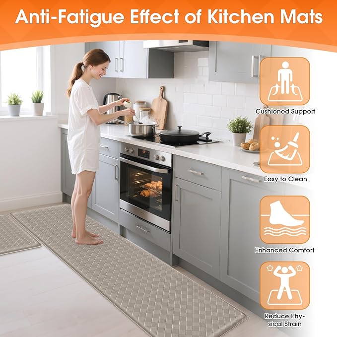 TranquilRelax 2-Piece Anti-Fatigue Kitchen Mats, Cushioned Non-Slip Waterproof Sink & Stove Floor Mats, Comfortable Standing Rug Set for Kitchen, Laundry & Entryway, Brown