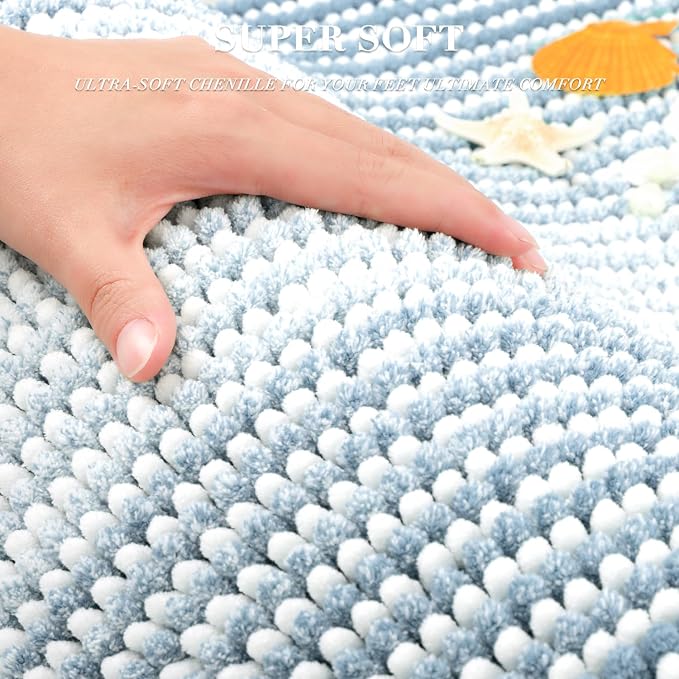 BSICPRO Bathroom Rugs and Mats Sets, 2 Piece Thick Absorbent Chenille Bath Mat Rug Set Non Slip, Soft Shaggy Bath Room Floor Mats for Bathroom, Machine Washable (20" x 60" Plus 20" x 32",Ice Blue)