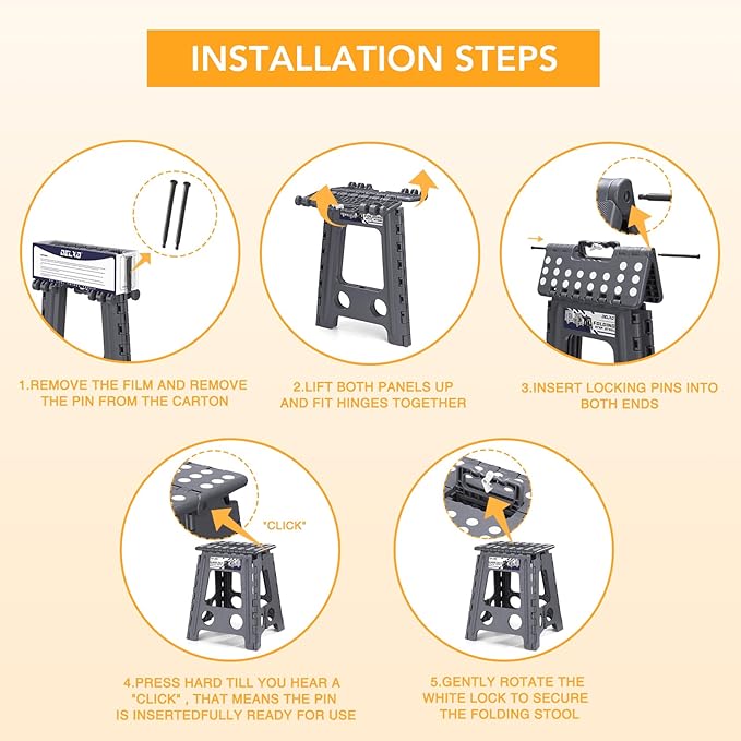 Delxo 16 Inch Folding Step Stool,Foldable Stool for Adults with Safety Lock,Portable Collapsible Plastic Stepstool,Non Slip Folding Stools for Kitchen Bathroom Bedroom Up to 400LBS,(Dark Grey 1PC)