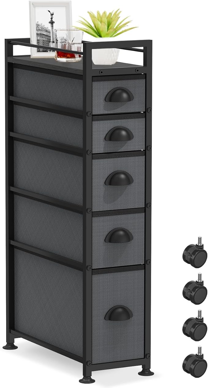 LASZOLA 5 Drawer Narrow Slim Cabinet Skinny Storage Tower Chest, Ideal for Small Spaces, Between Washer and Dryer, Lightweight Mobile on Wheels, Sturdy Fabric Drawers