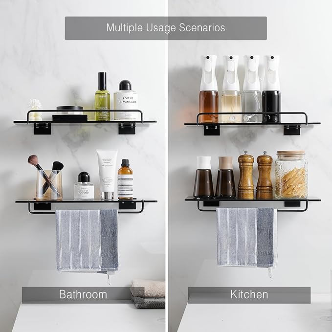 Voldra Glass Shelf for Bathroom, 2 Pack Adhesive Shower Shelves for Inside Shower No Drilling, Tempered Glass Showers Organizer with Guardrail Bathroom Shelf Storage Rack (Black)