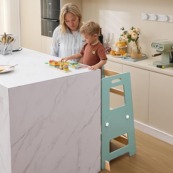 WOOD CITY Kitchen Step Stool - Safe Montessori Standing Tower for Kids with Safety Rail, Height Adjustable Toddler Ideal Helper for Learning New Skills, Anti-Slip Protection for Bathroom - Green…