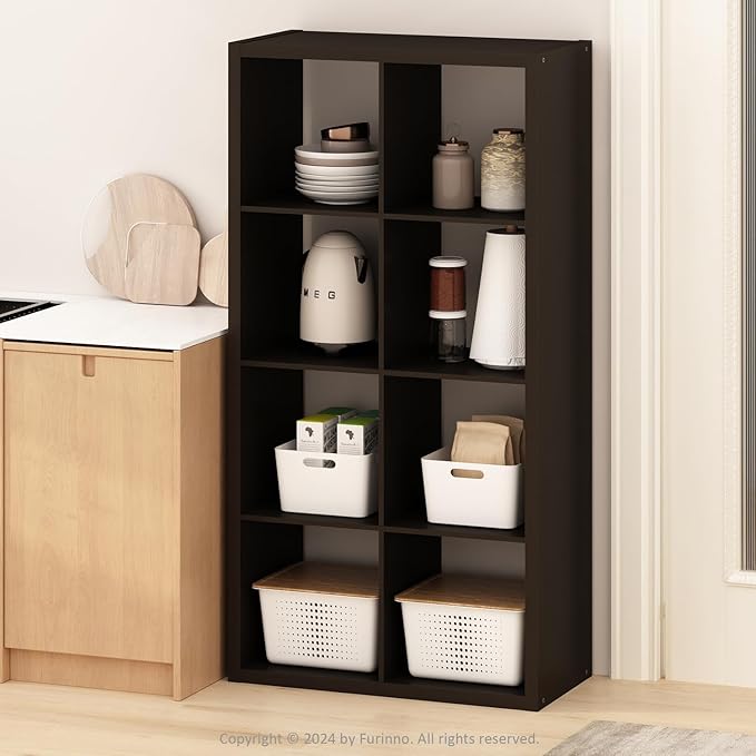 Furinno HERMITE Kitchen Island, 8-Cube Coffee Bar, Extra Thick Kitchen Storage, Bakers Rack, for Pantry Organizers and Storage, Kitchen Organization, Black Dark Oak