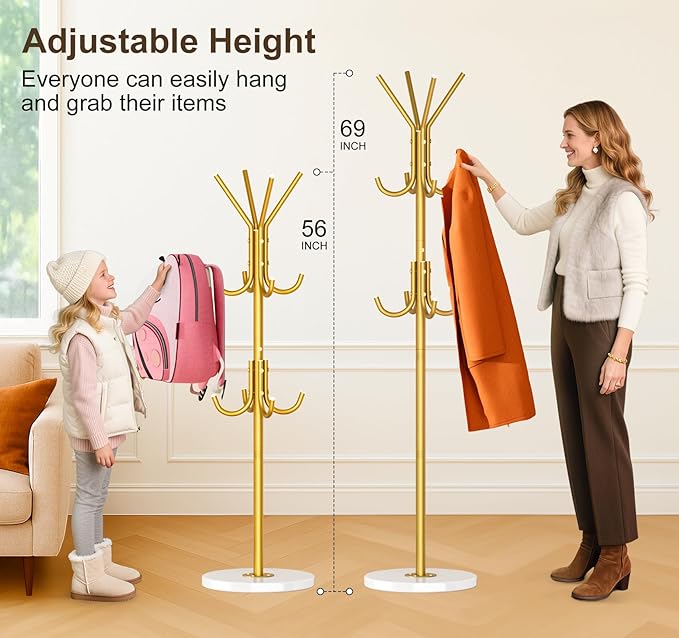 MISSLO Heavy Duty Coat Rack Freestanding with Stable Wood Base Modern Gold Coat Tree with 12 Hooks Adjustable Coats Hanger Stand Stylish Standing Clothes Tree for Entryway Bedroom Corner Hall