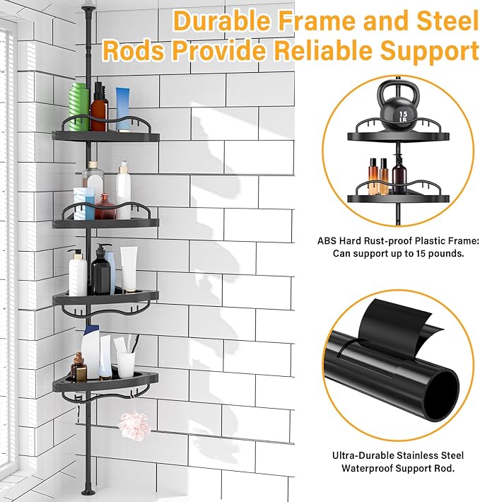 Black Corner Shower Caddy Tension Pole - Heavy Duty Rustproof Stainless Steel Shower Organizer with 4 Adjustable Shelves, No-Drill Free Standing for Bathroom, Bathtub, RV,54" to 114" Tall
