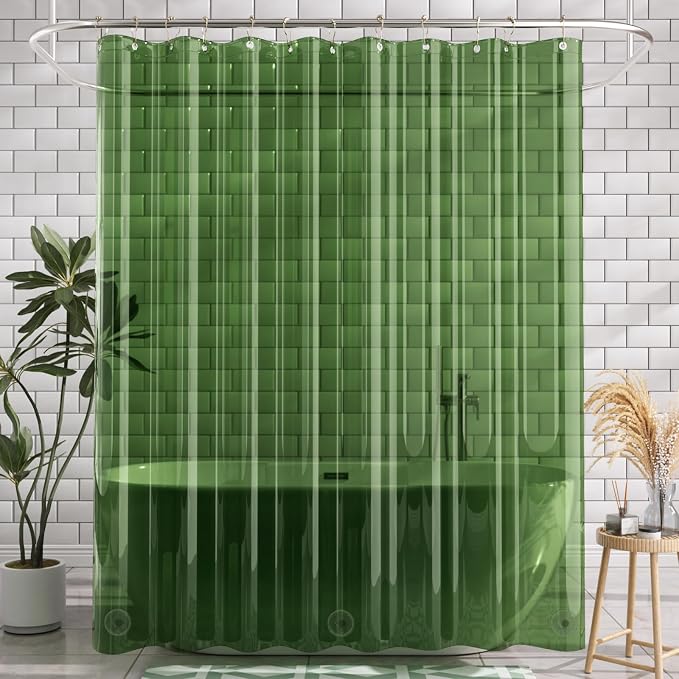 AmazerBath Extra Long Shower Curtain Liner 72x84, Clear Green Shower Liner 84 Inches Long, Plastic Shower Curtain Liners, Cute Tall Shower Liner, PEVA Bathroom Shower Curtain Liners & 3 Magnets